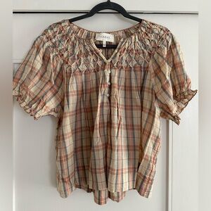 THE GREAT. Plaid Blouse - Tan and Blue